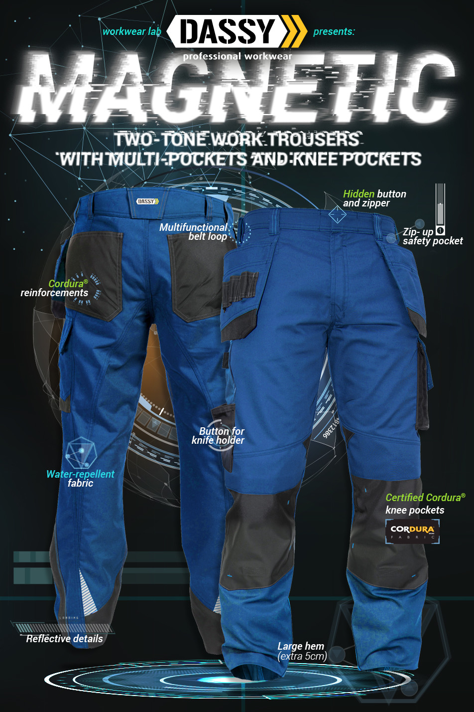 Dassy Magnetic TWO-TONE WORK TROUSERS WITH MULTI-POCKETS AND KNEE POCKETS