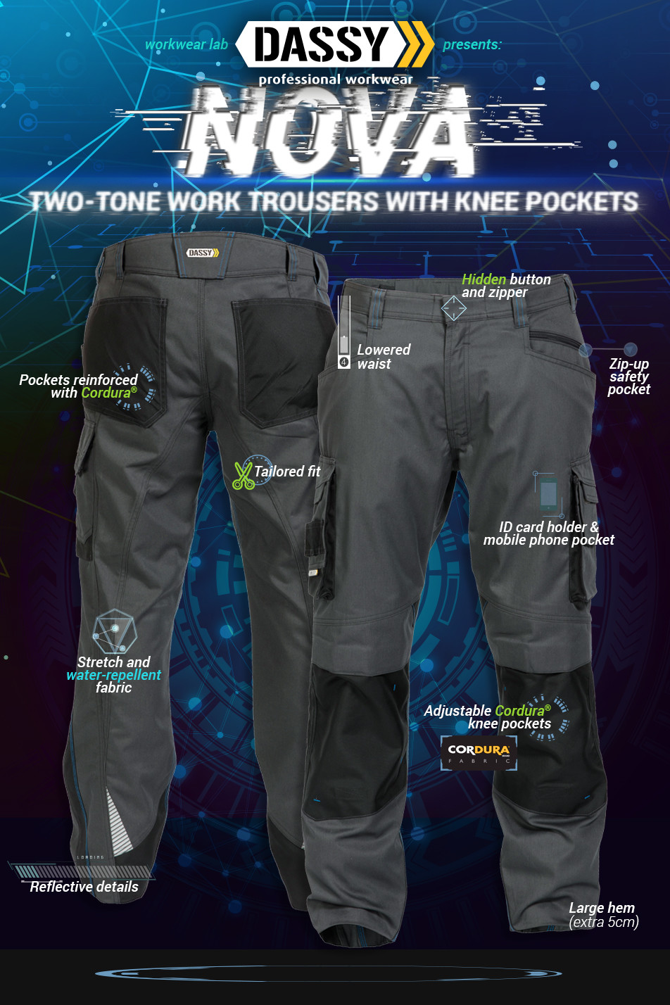 DASSY Two tone work trousers with knee pockets NOVA